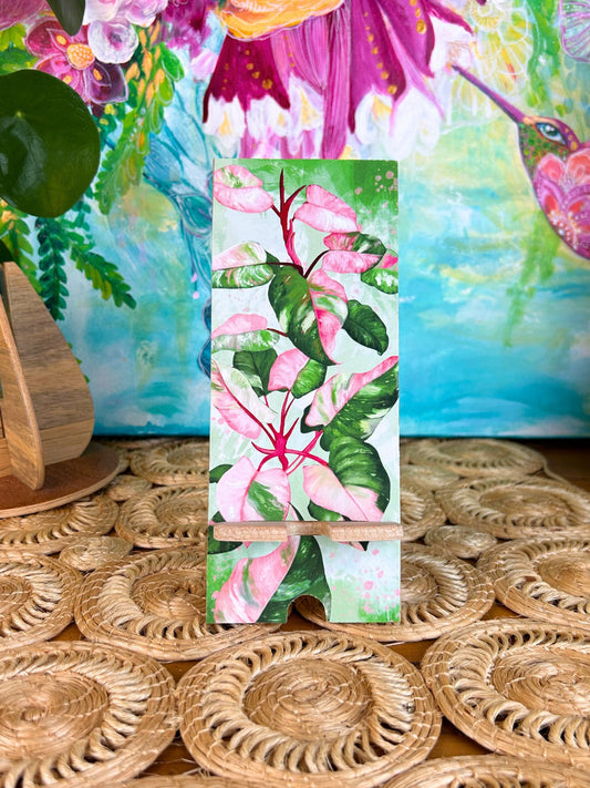 Philodendron Pink Princess 2: Art (Impression UV) sur Support de Cellulaire en Bois (iPhone Android)