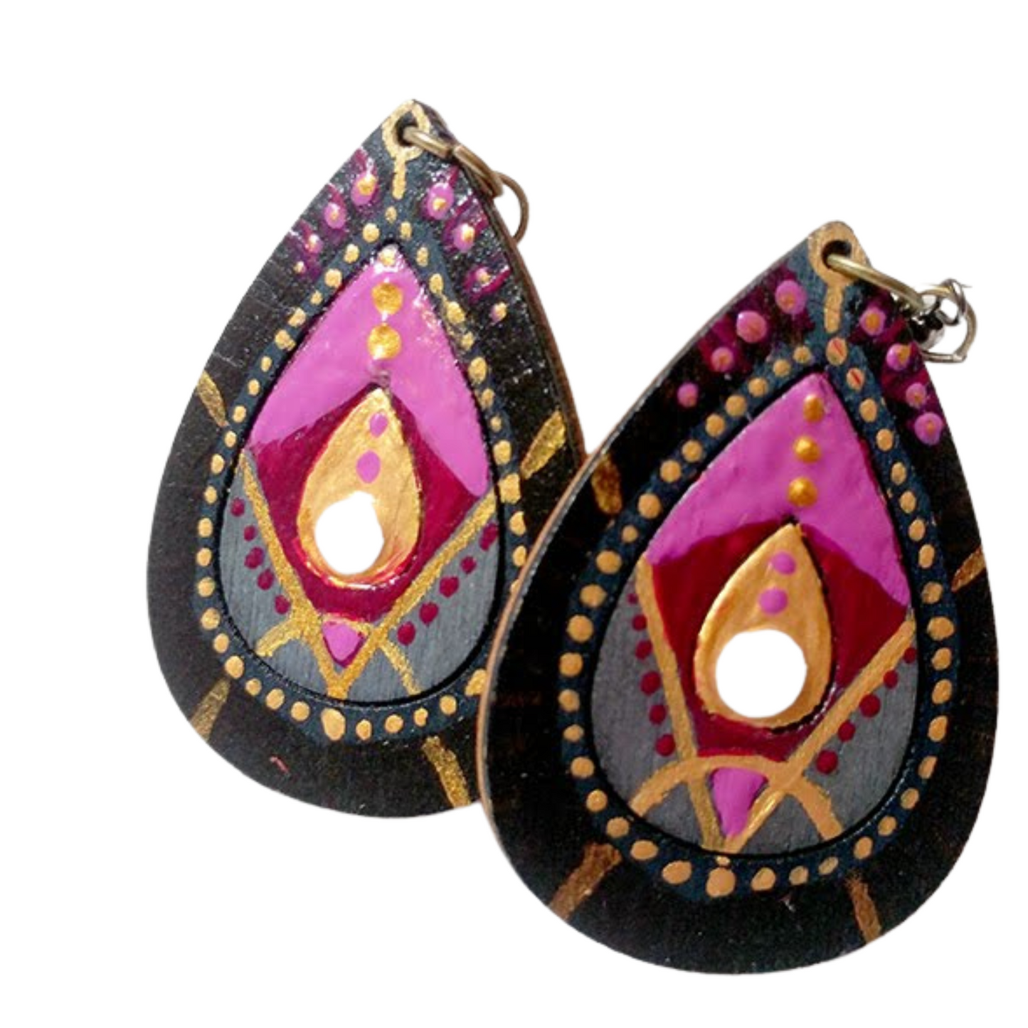 Boucle d'oreilles talisman noir, rose et or