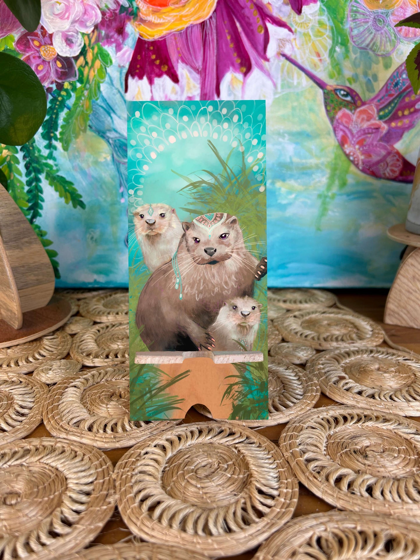 Otters - UV print on a wooden cell phone holder (iPhone Android).