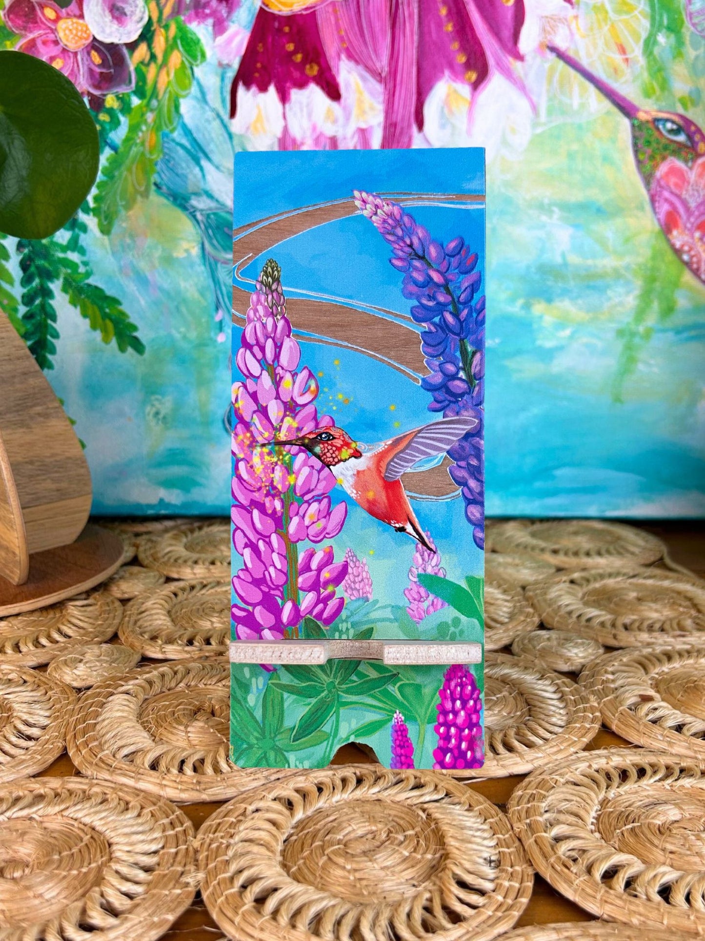 Hummingbird and Lupine - UV print on a wooden cell phone holder (iPhone Android).