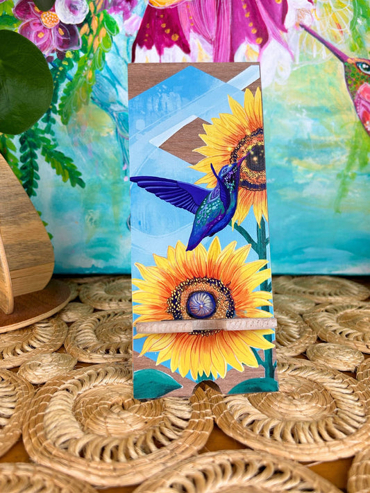 Hummingbird and Sunflower - UV print on a wooden cell phone holder (iPhone Android).