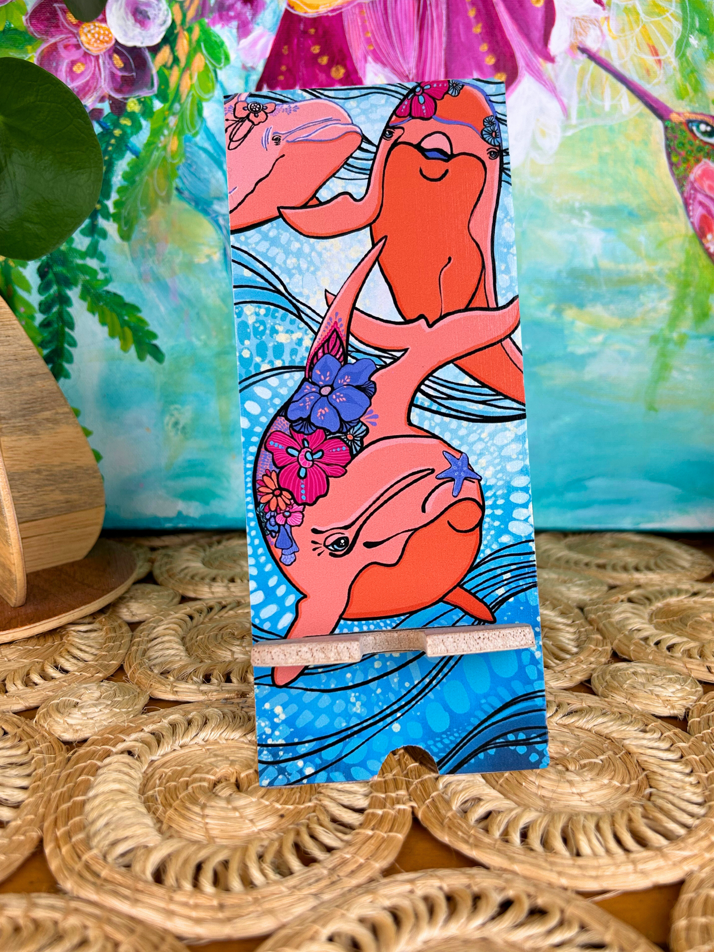 Dolphins- UV print on a wooden cell phone holder (iPhone Android).
