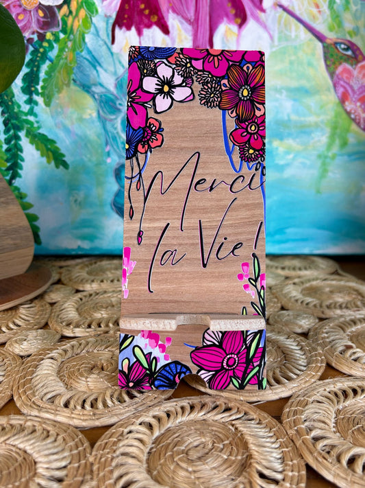 Affirmation : Thank you for this life- UV print on a wooden cell phone holder (iPhone Android).