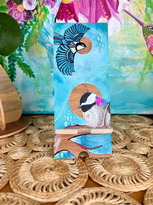 Chickadees - UV print on a wooden cell phone holder (iPhone Android).