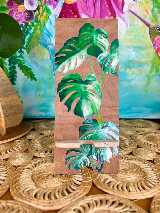 Monstera Albo- UV print on a wooden cell phone holder (iPhone Android).