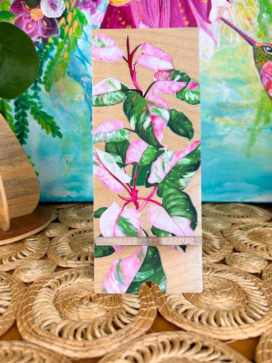 Philodendron Pink Pricess- UV print on a wooden cell phone holder (iPhone Android).