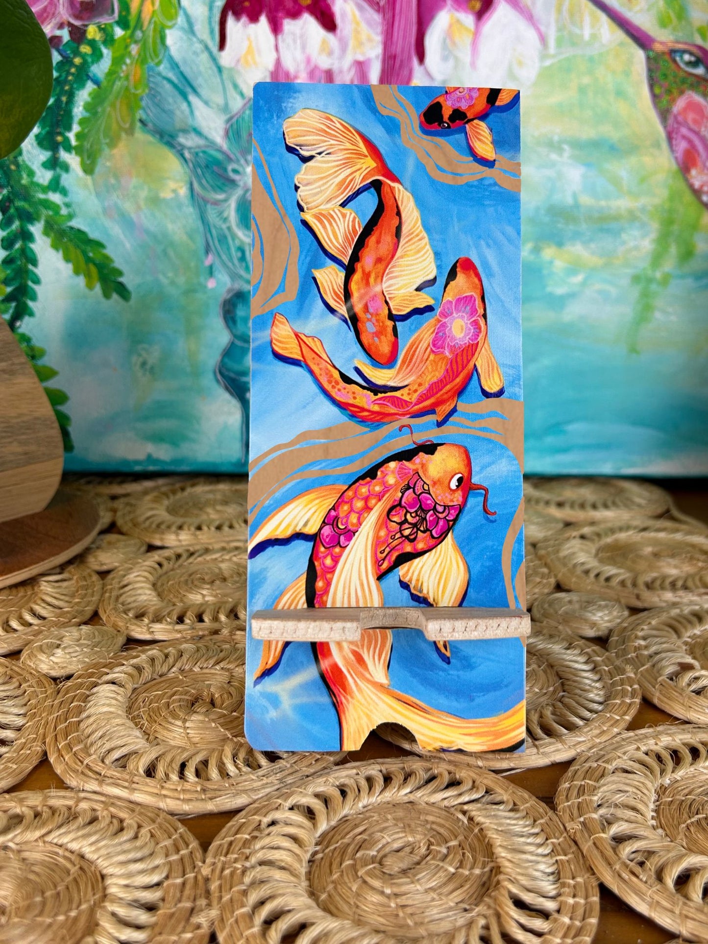 Koi Fish - UV print on a wooden cell phone holder (iPhone Android).