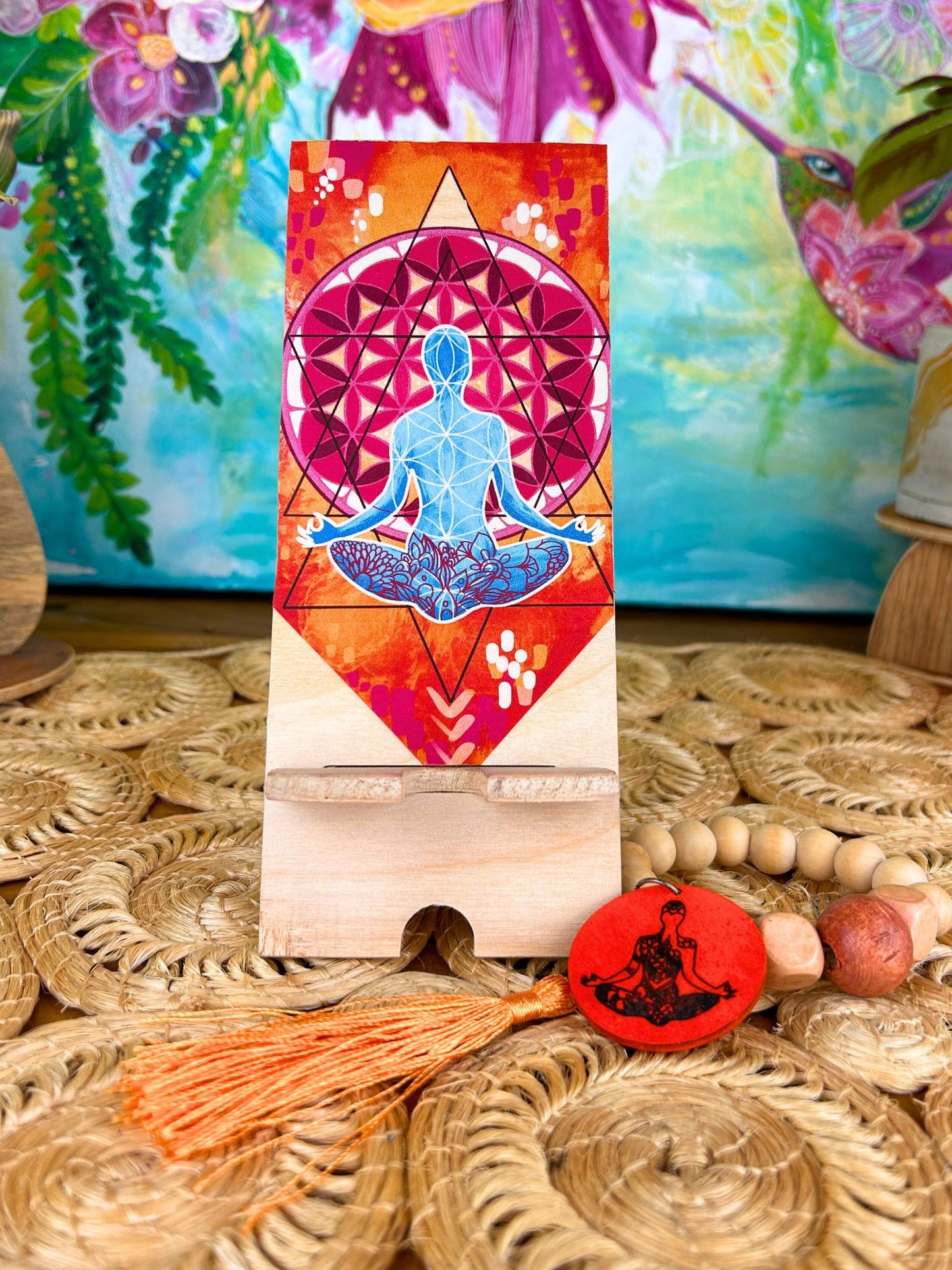 Yoga - UV print on a wooden cell phone holder (iPhone Android).