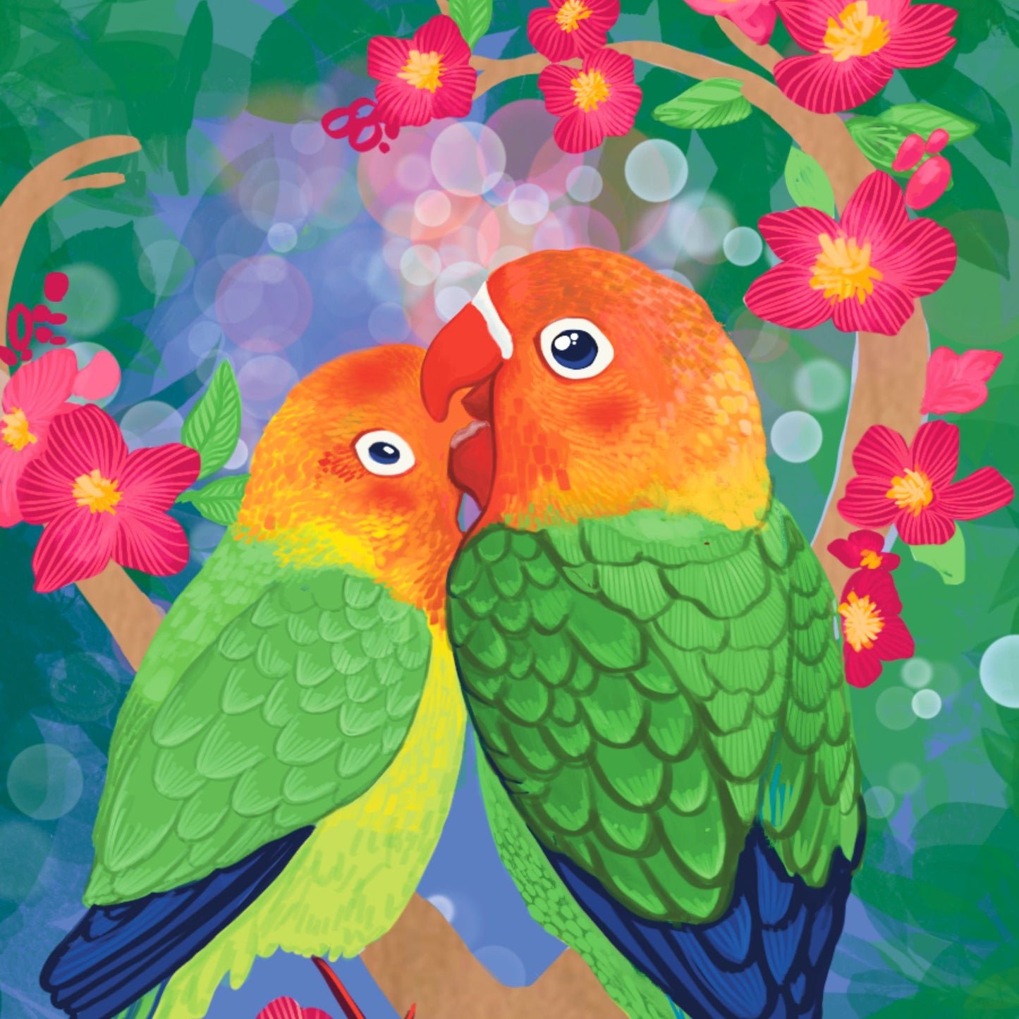 Lovebirds - UV print on a wooden cell phone holder (iPhone Android).